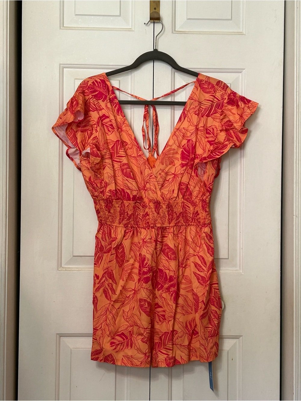 Cupshe Orange Romper with Pink Leaf Print